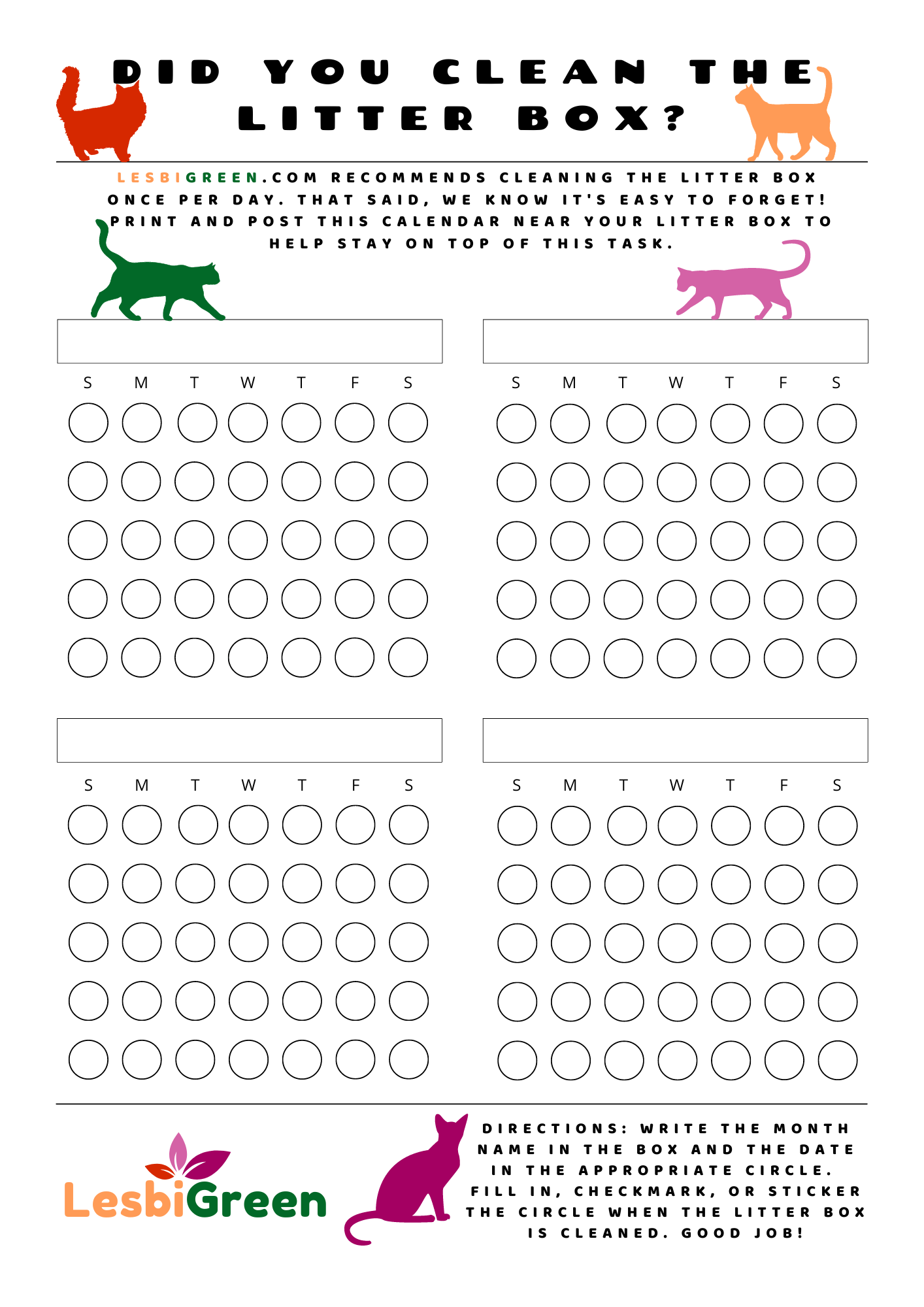 LesbiGreen Freebie - 1 page with 4 blank month sections to mark when the litterbox was cleaned. 