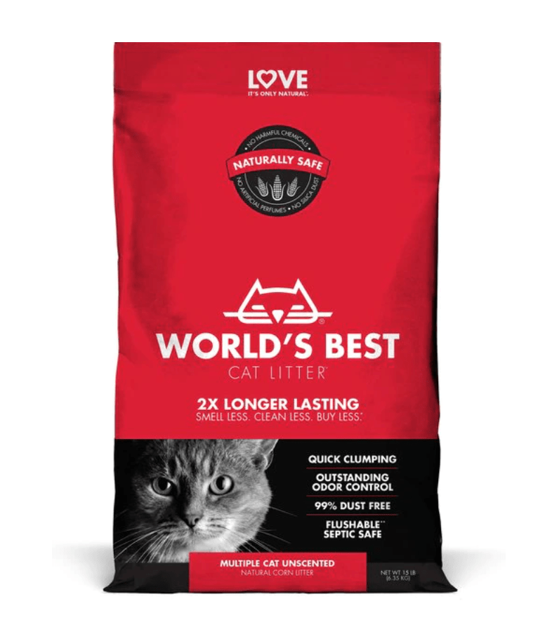 red bag of World's Best cat litter