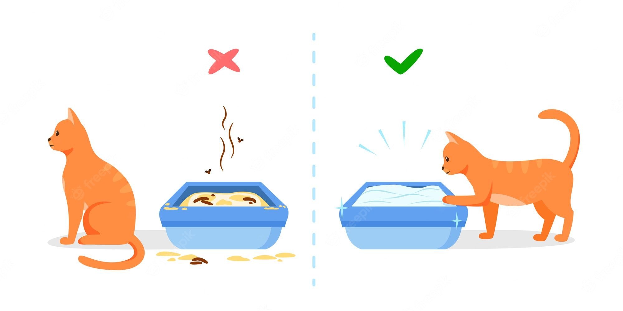 The left side has an orange cat next to a full litterbox that smells has a red X over it. The right side has a cat going into a clean litterbox with a green check mark over it.