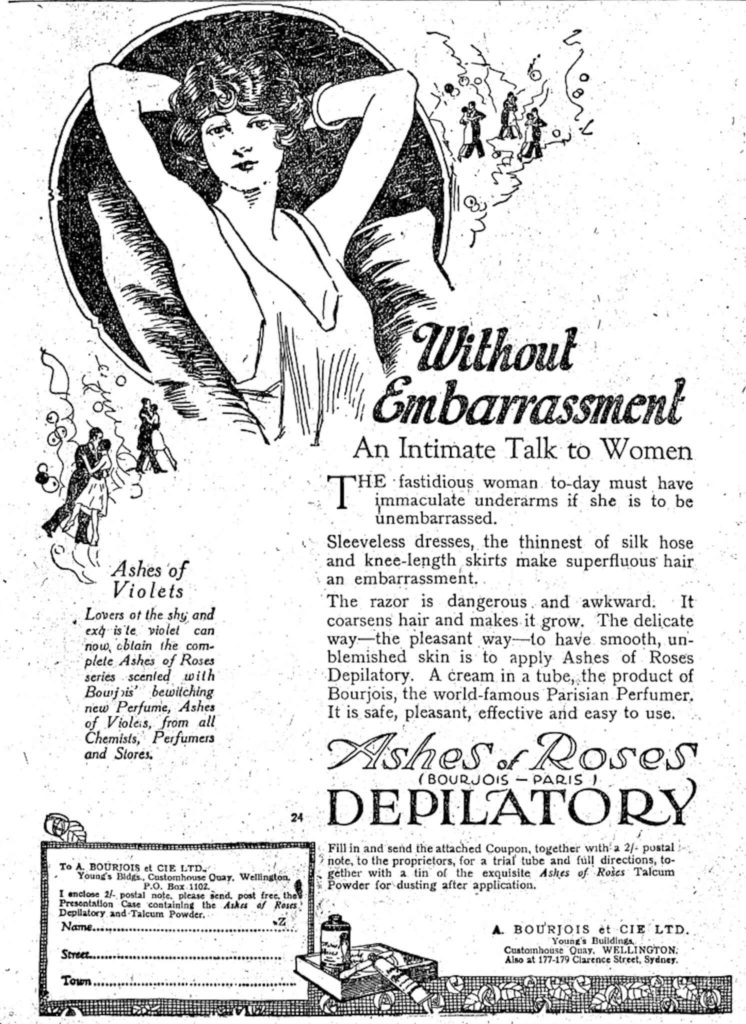 A drawing of a 1920s woman in a tank top with her hands behind her head showing her hairless armpits in an ad using fear and shame to promote a hair removal cream.