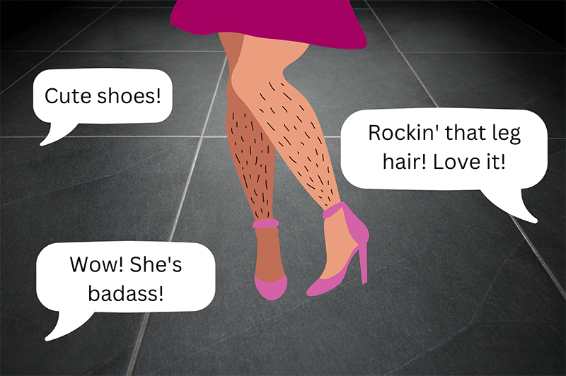 Beautifully hairy legs in heels surrounded by positive comments.